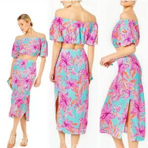 NWT Lilly Pulitzer Esmeray Skirt Crop Top Set in Surf Blue Bonita Blooms‎ size M